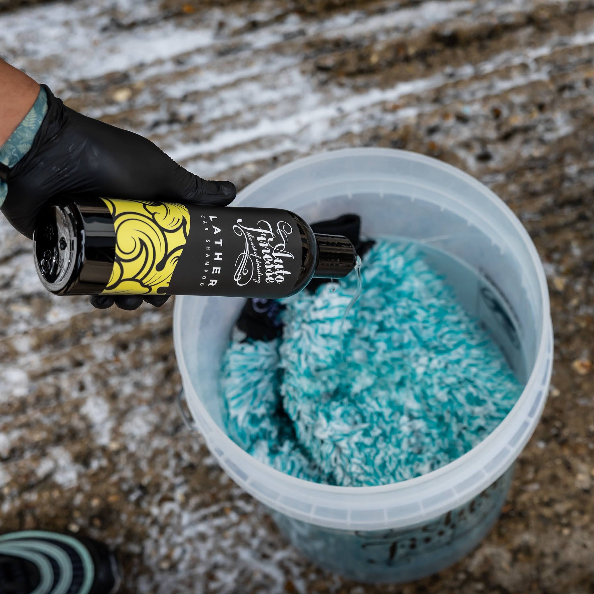 Lather Car Shampoo Being Added To Bucket Square